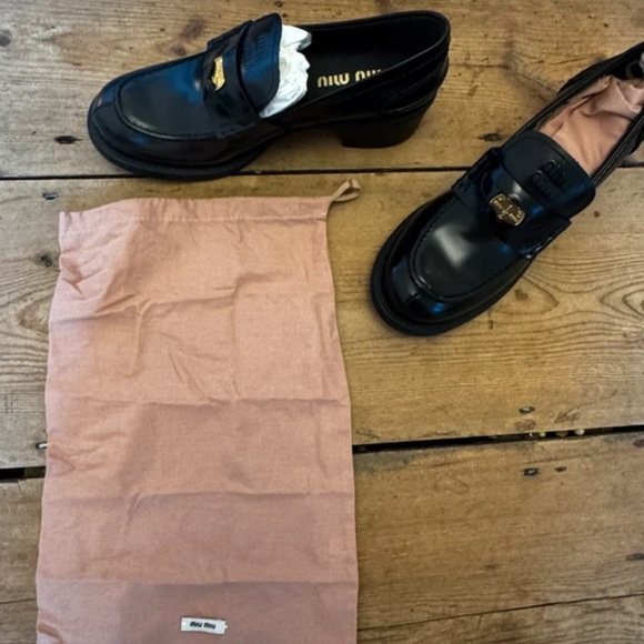 Miu Miu Black Loafers with Gold and Silver Heart Detail - Picture 7 of 9